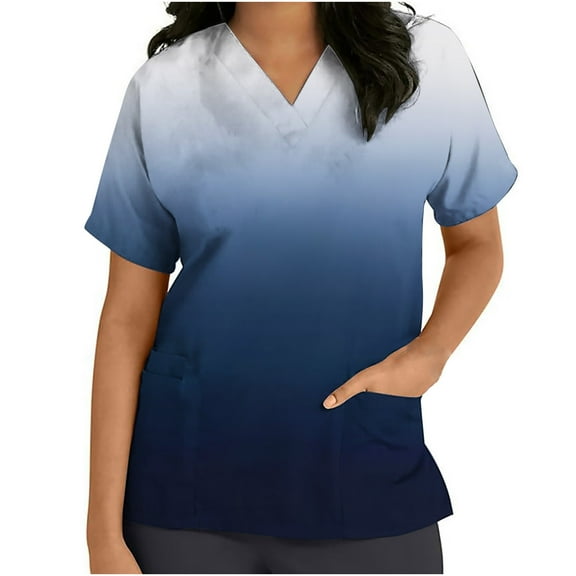 Ohufall Tops Women Short Sleeve V-neck Tops Uniform Printed Pockets Blouse Nursing Navy M