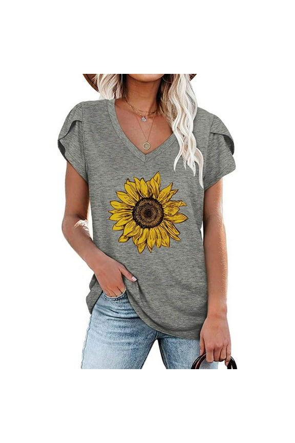 Tops Women's Summer V-neck Sunflower Printed Tops T-Shirts Casual Sleeve Blouse Gray L