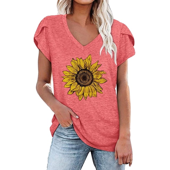 Ohufall Tops Women's Summer V-neck Sunflower Printed Tops T-Shirts Casual Sleeve Blouse L