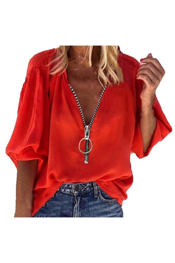 Ohufall Tops Womens V-Neck Solid Zip Front Blouse Lantern Sleeve Loose Casual Top Shirts Red S