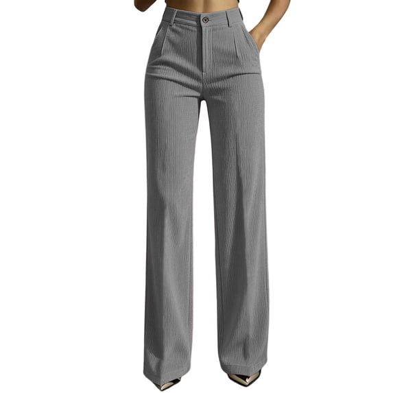 Ohufall Trendy Womens Pant Solid Color High Waist Wide Leg Pants Button Zipper Pocket Daily Outfits
