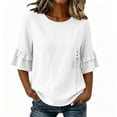 thumbnail image 1 of Ohufall Tshirt for Women 3/4 Sleeve Cotton Linen Loose T Shirt Crew Neck Lace-up Solid Color Ruffle Tops, 1 of 5