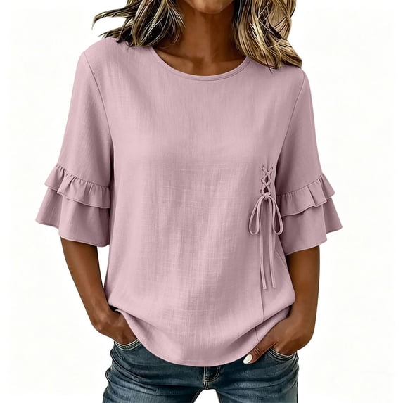 Ohufall Tshirt for Women 3/4 Sleeve Cotton Linen Loose T Shirt Crew Neck Lace-up Solid Color Ruffle Tops