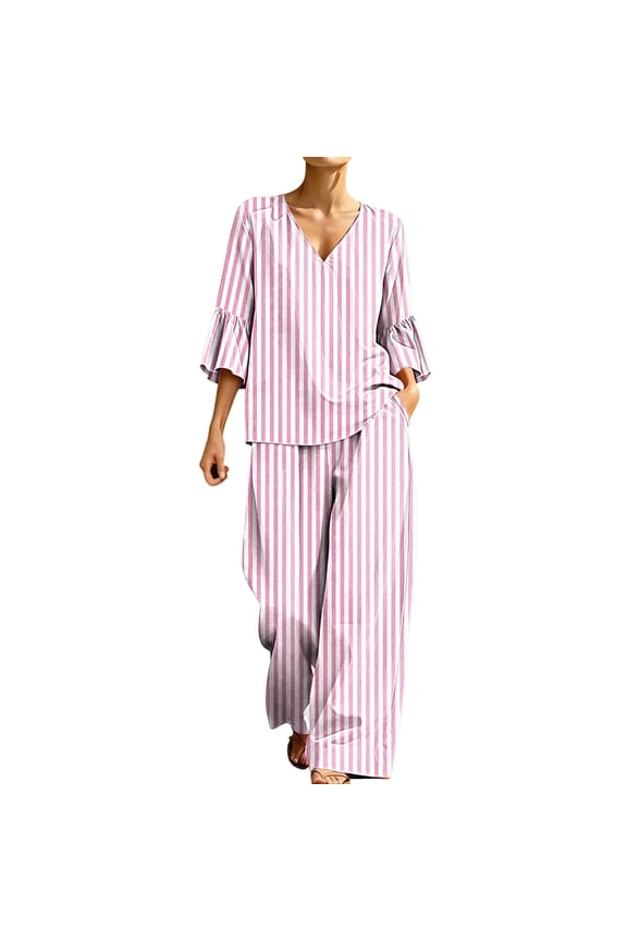 Two-Piece Outfits for Women Plaid Ruffled 3/4 Sleeve V Neck and Wide Leg Pants Lounge Sets
