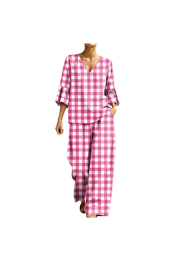 Two-Piece Outfits for Women Plaid Ruffled 3/4 Sleeve V Neck and Wide Leg Pants Lounge Sets