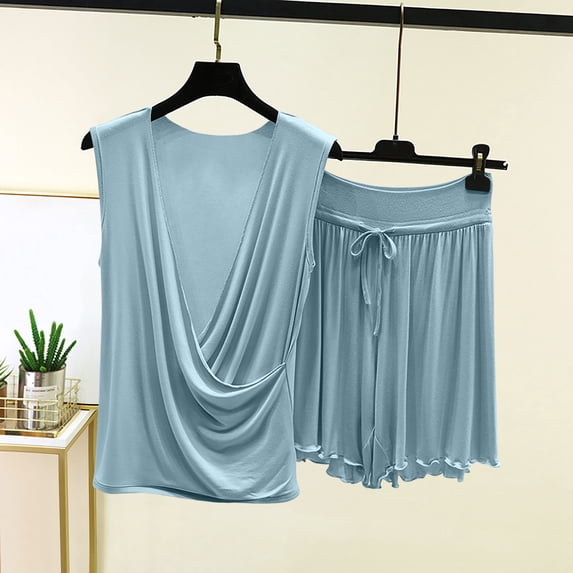 Ohufall Two Piece Pajama Sets for Women V Neck Sleeveless Tops Pleated Elastic Waist Trouser Pj Sets