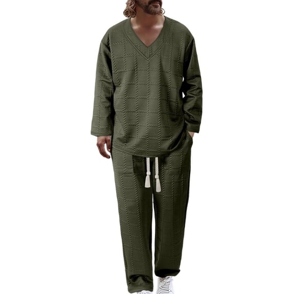 Ohufall V Neck Sets for Men Long Sleeve Loose Solid Color Drawstring Comfort Tops with Long Pants Casual Sets