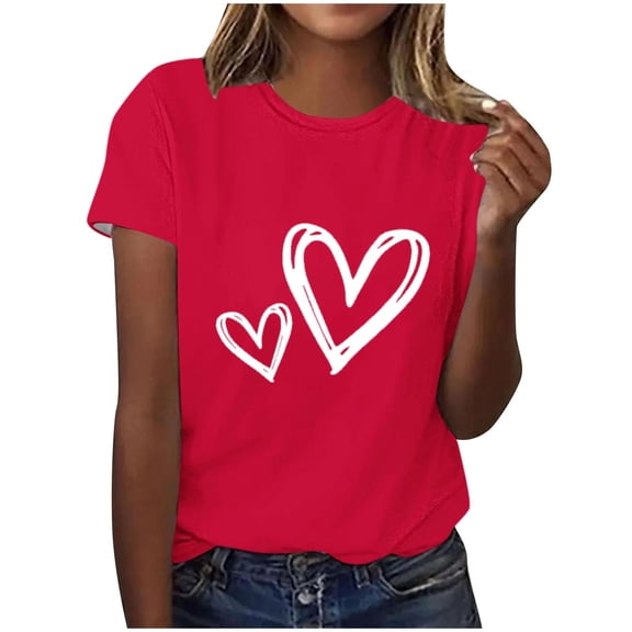 Ohufall Valentines Day Shirts Women Plus Size Love Heart Graphic Tees Casual Short Sleeve Blouse Round Neck Holiday T-shirt Tops Valentines Day Gifts for Women