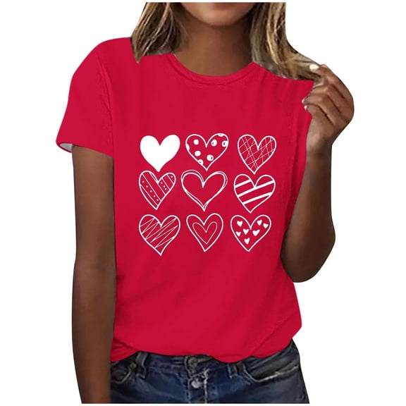 Ohufall Valentines Day Shirts Women Plus Size Love Heart Graphic Tees Casual Short Sleeve Blouse Round Neck Holiday T-shirt Tops Valentines Day Gifts for Women