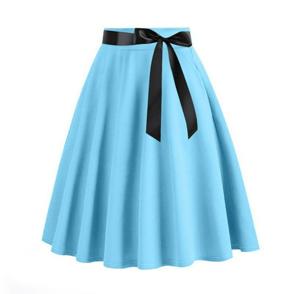 Ohufall Vintage Pleated Skirts for Women Flowy A-Line Swing Prom Party Skirt Fashion Casual Solid High Waist Evening Skirt 50s Classic Bow Tie Flared Midi Skirts for Women