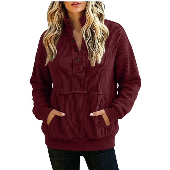 Ohufall Warm Winter Casual Wear Women's Corduroy Sweatshirt, 1/4 Snap Mock Neck Long Sleeve Oversized Pullover Top With Pockets