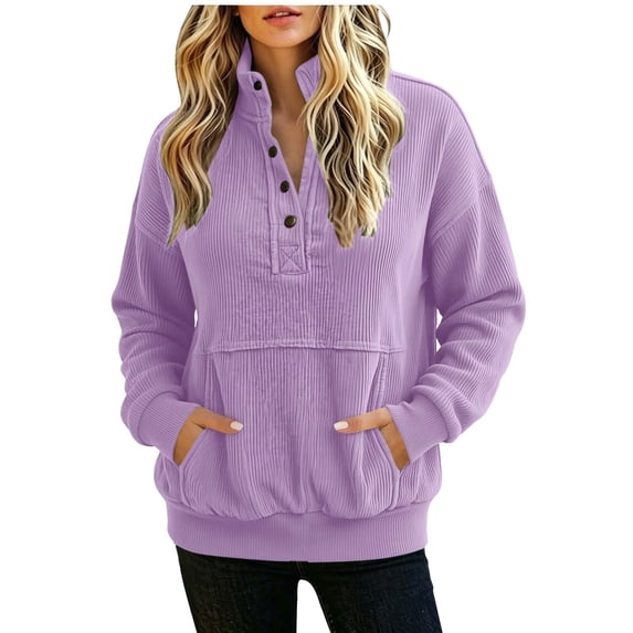 Ohufall Warm Winter Casual Wear Women's Corduroy Sweatshirt, 1/4 Snap Mock Neck Long Sleeve Oversized Pullover Top With Pockets