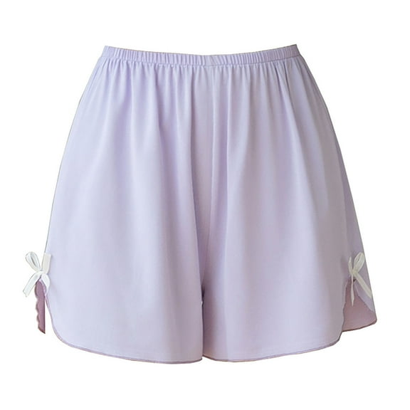 Ohufall Wide Leg Pajama Shorts for Women Plus Size Summer Loose Thin Ice Silk Lounge Pj Short Ladies Cute Solid Bowknot Elastic High Waist Home Sleeping Bottoms