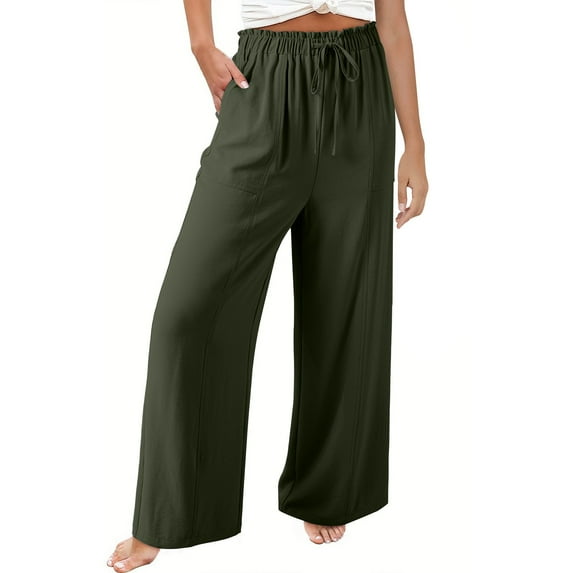 Ohufall Wide Leg Trousers for Women Summer Solid Relaxed Fit Outdoor Beach Pants Fashion Casual Elastic High Waist Drawstring Palazzo Pants with Pockets