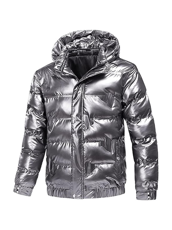 Winter Jackets For Men Shiny Hooded Reflective Down Jacket Cotton Jacket on Clearance