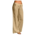 thumbnail image 1 of Ohufall Woman Pants Women Casual Solid Pants Cotton Linen Elastic Waist Drawstring Long Wide Leg Pants, 1 of 5