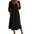 thumbnail image 1 of Ohufall Women Dresses Cotton Linen Button Crew Neck Long Sleeve Dress Pleated Loose Comfort Casual Maxi Dress, 1 of 6