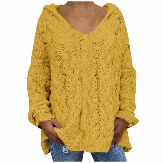 Ohufall Women Fashion Casual Loose Large Size Solid Color Hood Long Sleeves Pullover Knit Sweater Tops Clearance