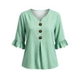 thumbnail image 1 of Ohufall Women Shirts Striped 3/4 Sleeve Button Ruffled Tops Solid Color V Neck Fashion Casual T Shirts, 1 of 3