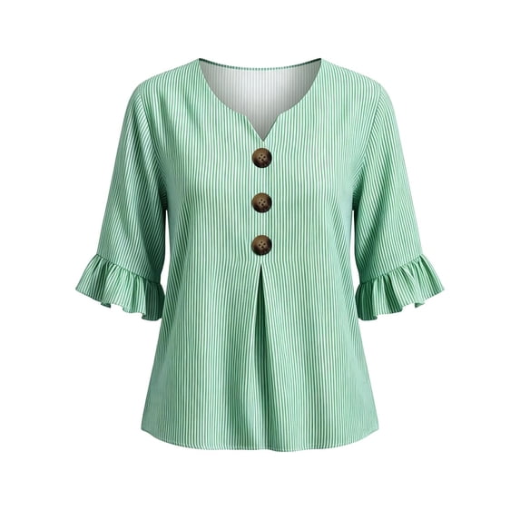 Ohufall Women Shirts Striped 3/4 Sleeve Button Ruffled Tops Solid Color V Neck Fashion Casual T Shirts