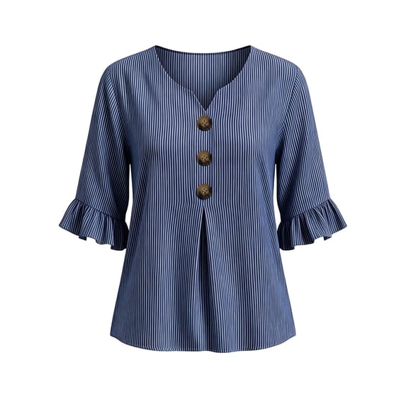 Ohufall Women Shirts Striped 3/4 Sleeve Button Ruffled Tops Solid Color V Neck Fashion Casual T Shirts