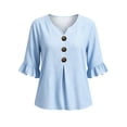 thumbnail image 1 of Ohufall Women Shirts Striped 3/4 Sleeve Button Ruffled Tops Solid Color V Neck Fashion Casual T Shirts, 1 of 3