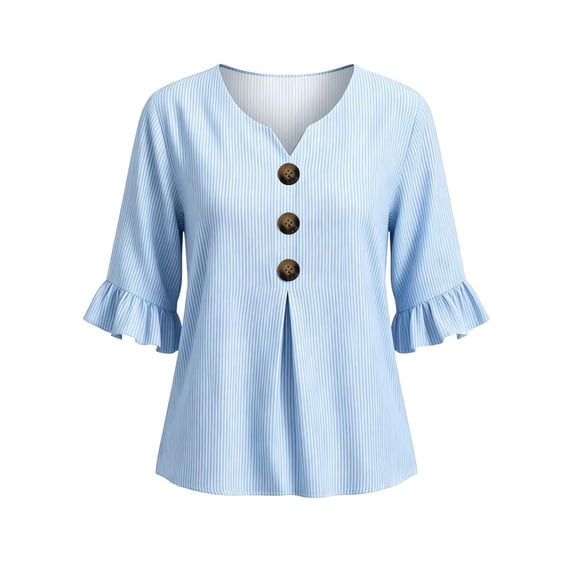 Ohufall Women Shirts Striped 3/4 Sleeve Button Ruffled Tops Solid Color V Neck Fashion Casual T Shirts