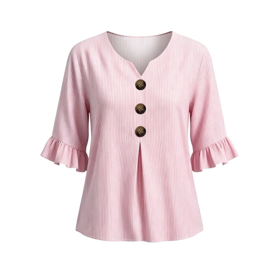 Ohufall Women Shirts Striped 3/4 Sleeve Button Ruffled Tops Solid Color V Neck Fashion Casual T Shirts