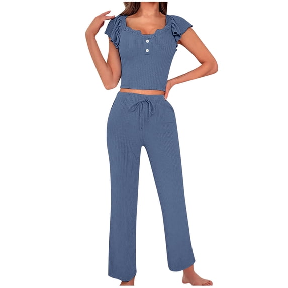 Ohufall Women's 2 Piece Pajama Sets Fashion Solid Ruffled Sleeve U Neck Cropped Tops and Drawstring Pants Summer Loose Breathable Ribbed Lounge Sets for Women