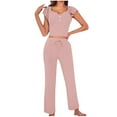 thumbnail image 1 of Ohufall Women's 2 Piece Pajama Sets Fashion Solid Ruffled Sleeve U Neck Cropped Tops and Drawstring Pants Summer Loose Breathable Ribbed Lounge Sets for Women, 1 of 5