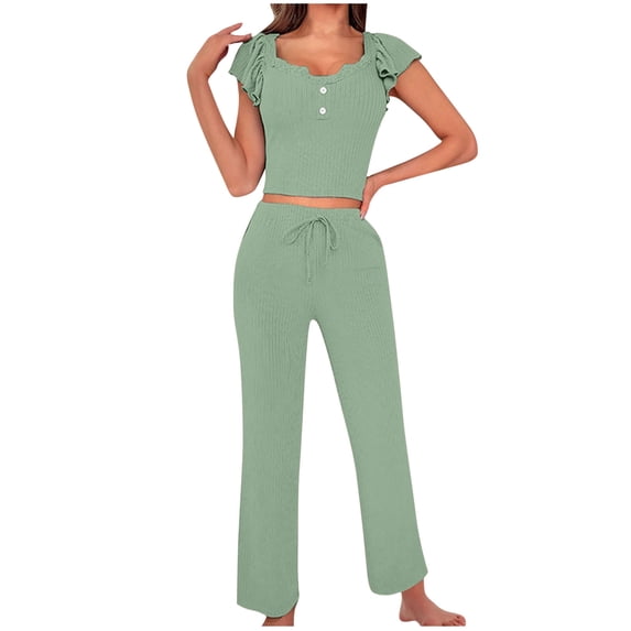 Ohufall Women's 2 Piece Pajama Sets Fashion Solid Ruffled Sleeve U Neck Cropped Tops and Drawstring Pants Summer Loose Breathable Ribbed Lounge Sets for Women