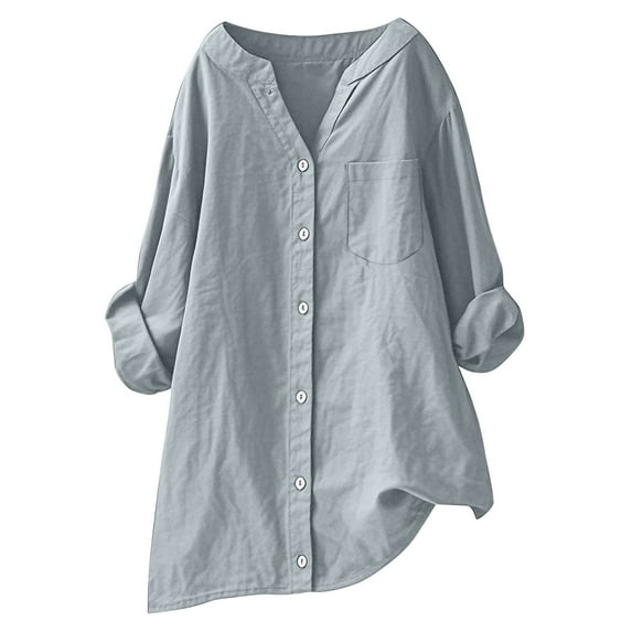 Ohufall Women's Adjustable Long Sleeve Shirts Summer Lightweight Loose Cotton Linen Tops Fashion Solid Casual Pocket Button Down V-Neck Blouses for Women