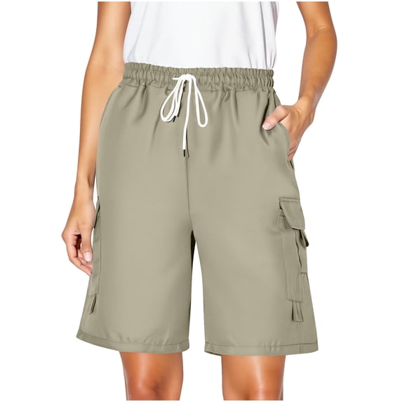 Ohufall Women's Bermuda Shorts Summer Solid Loose Elastic High Waist Drawstring Cargo Shorts Fashionable Casual Multi Pockets Outdoor Camping Hiking Beach Shorts