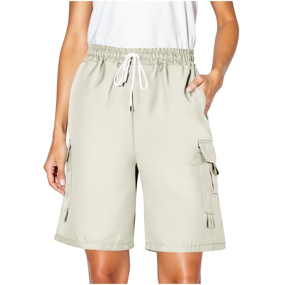 Ohufall Women's Bermuda Shorts Summer Solid Loose Elastic High Waist Drawstring Cargo Shorts Fashionable Casual Multi Pockets Outdoor Camping Hiking Beach Shorts