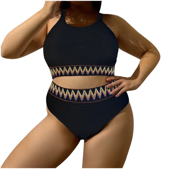 Ohufall Women's Bikini Sets Colorblock Trim 2 Piece Swimsuit High Waisted Bathing Suits for Women Scoop Neck Adjustable Spaghetti Straps Bikini Swimwear