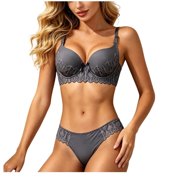 Ohufall Women's Bra Sets Bow Lace Embroidery Adjustable Straps Bras Solid Color Comfort Fashion Underwear Sets,36-42