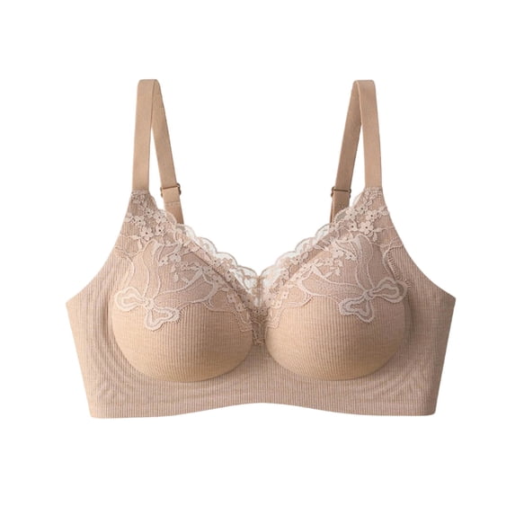 Ohufall Women's Bra V Neck Lace Trim with Fine Strap Bras Wirefree Smooth Cup Everyday Underwear 32A/B/C-38A/B/C