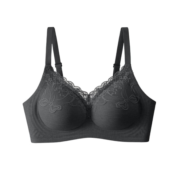 Ohufall Women's Bra V Neck Lace Trim with Fine Strap Bras Wirefree Smooth Cup Everyday Underwear 32A/B/C-38A/B/C