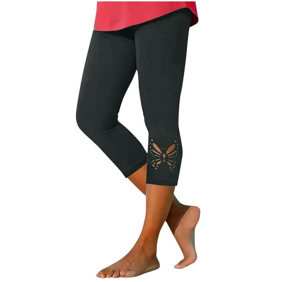 Ohufall Women's Capri Leggings Fashionable Solid Casual Athletic Sport Yoga Capris Stretch Slim Fit Butterfly Hollow Bottom Yoga Pants for Women