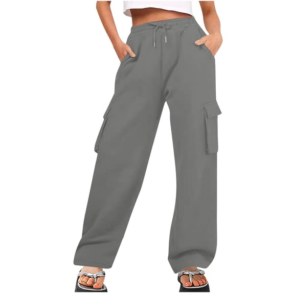 Ohufall Women's Cargo Pants Fashion Casual Elastic High Waist Drawstring Straight Leg Pants Plus Size Solid Loose Multi Pockets Lounge Trousers
