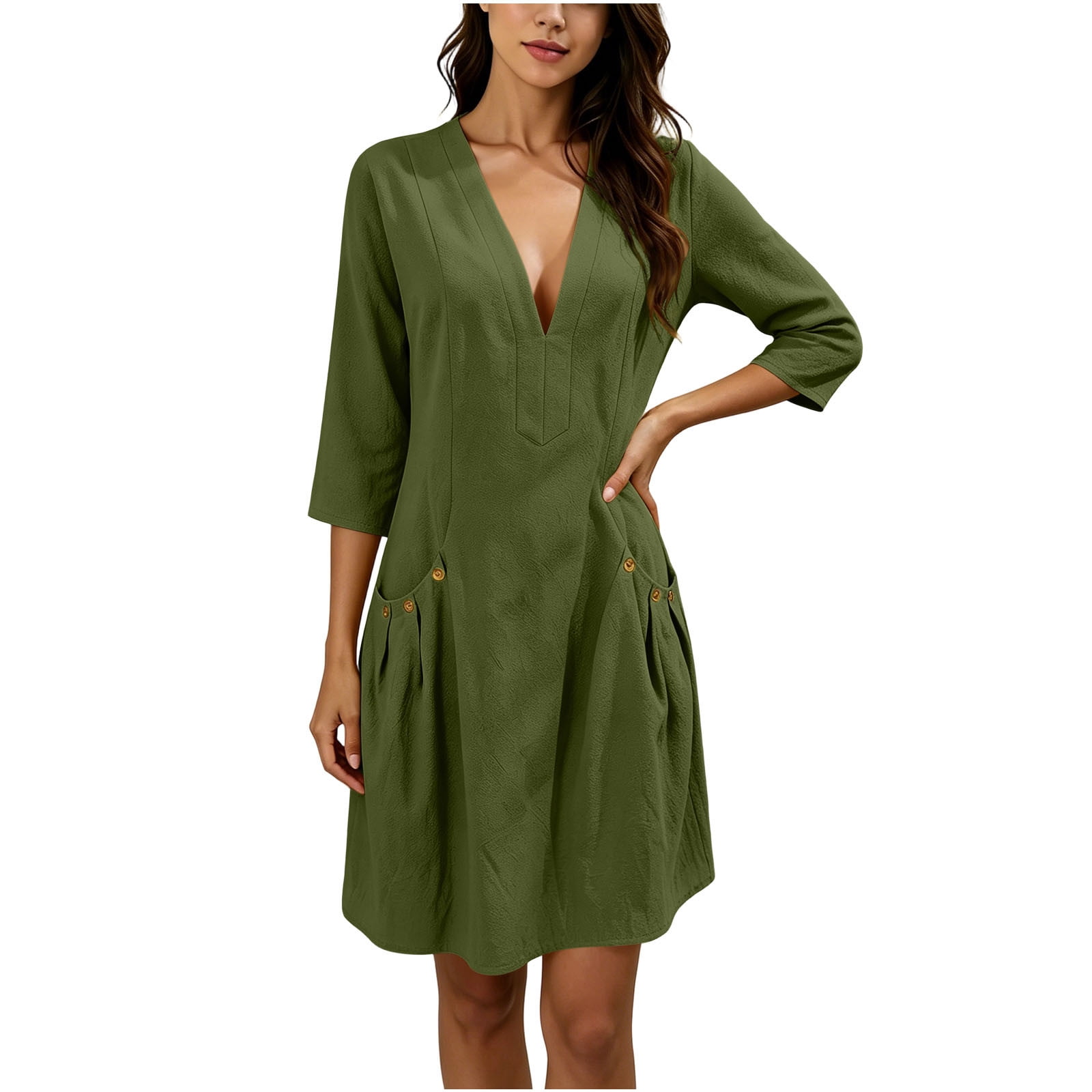 cotton trendy dresses for women Ohufall Women's Linen Dress V Neck 3/4 Sleeve Mini Dress Pocket Loose Fashion Ladies AW-SM-11391 Age:4-5 Years it requires special wash Ivory Corset Mini Wedding Casual dresses