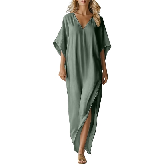 Ohufall Women's Cotton Linen Maxi Dress Loose Fit Short Sleeve Long Dress V-Neck Casual Comfortable Vacation Split Dress