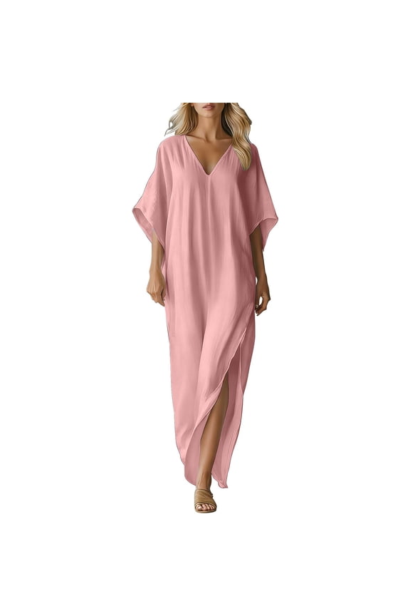 Women's Cotton Linen Maxi Dress Loose Fit Short Sleeve Long Dress V-Neck Casual Comfortable Vacation Split Dress