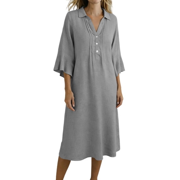 Ohufall Women's Cotton Linen Midi Dress Turndown Collared Button-Down Dress Ruched Loose Fit Holiday Casual Dress