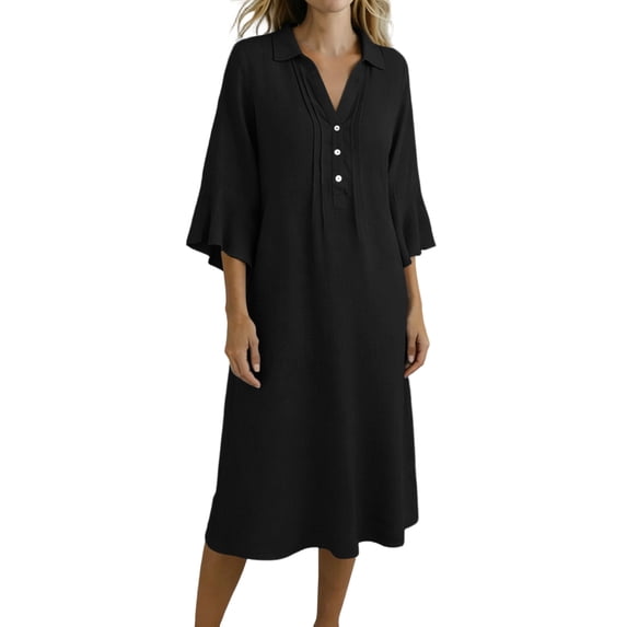 Ohufall Women's Cotton Linen Midi Dress Turndown Collared Button-Down Dress Ruched Loose Fit Holiday Casual Dress