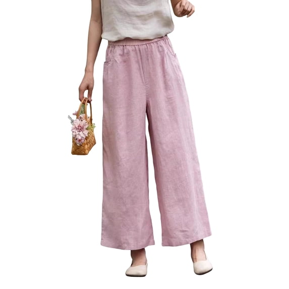 Ohufall Women's Cotton Linen Pants Plus Size Solid Color Comfy Pant Pocket Elastic Waist Wide Leg Casual Pants