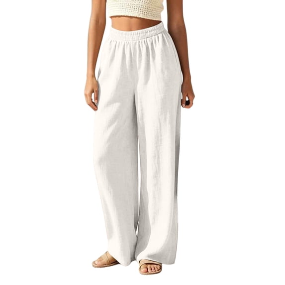 Ohufall Women's Cotton Linen Pants Wide Leg Elastic High Waist Pant Comfy Vacation Casual Summer Beach Pants