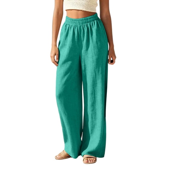 Ohufall Women's Cotton Linen Pants Wide Leg Elastic High Waist Pant Comfy Vacation Casual Summer Beach Pants