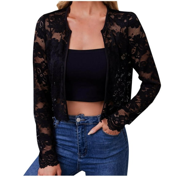 Ohufall Women's Floral Lace Cardigans Summer Casual Breathable Open Front Cardigan Tops Lightweight Solid Long Sleeve Bolero Shrugs for Women