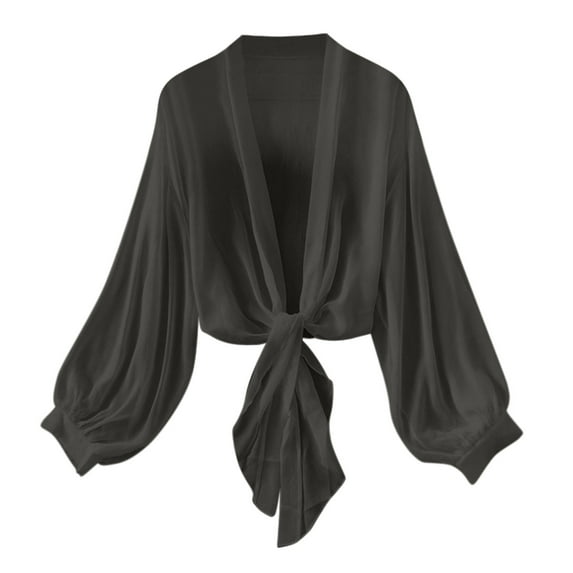 Ohufall Women's Flowy Chiffon Cardigans Fashion Casual Long Sleeve Bolero Sheer Shrugs Summer Lightweight Breathable Tie Front Cropped Shawl Tops for Women